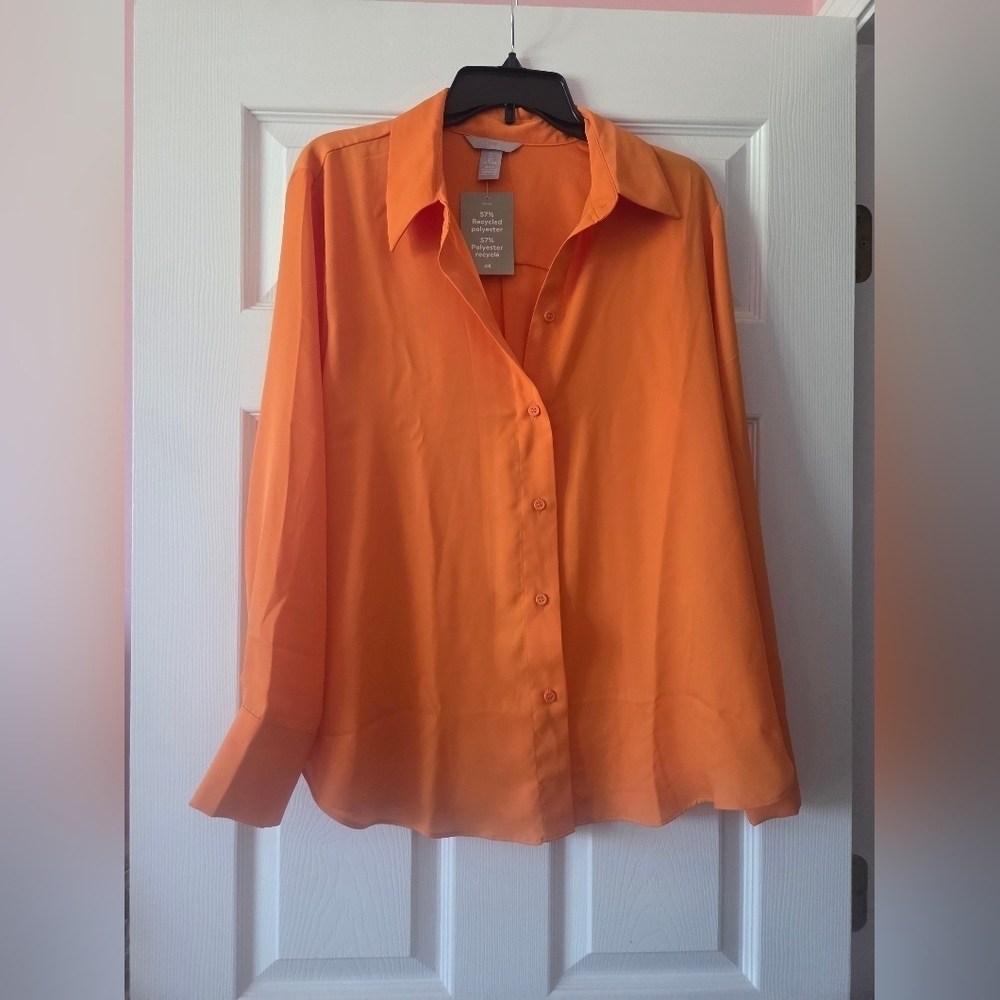 H&M Vibrant Orange Button Down Top Size L NWT